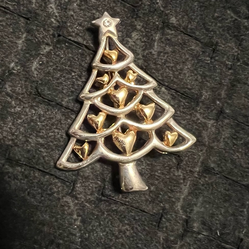 Vintage Gold and Silver CZ Heart Christmas Tree Brooch